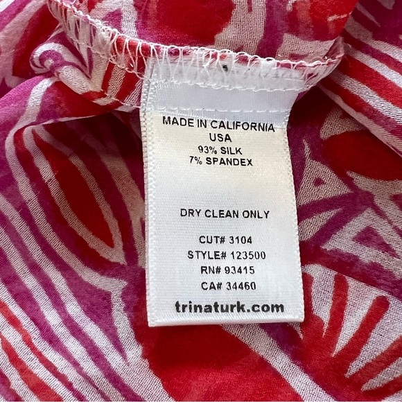 Trina Turk Silk Blend Printed Peasant Blouse keyhole neck relaxed semi sheer M - Picture 4 of 15